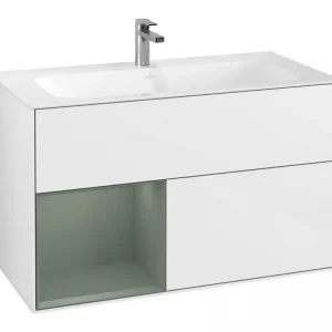 Abverkauf Villeroy & Boch Finion Waschbeckenunterschrank für Becken mittig Regal links für Finion 2 Auszüge mit Beleuchtung (1x LED) 996 x 591 x 498 mm - Glossy White Lacquer / Olive Matt Lacquer