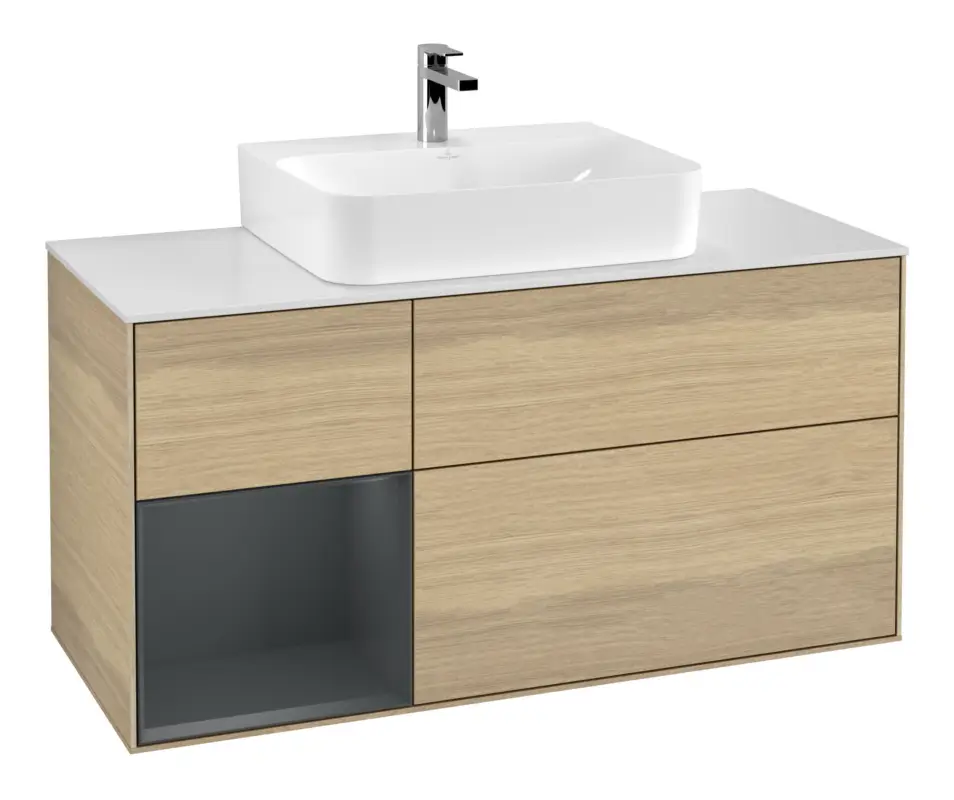 Villeroy & Boch Finion Waschbeckenunterschrank für Becken mittig Regal links für Finion / Memento 2.0 3 Auszüge mit Beleuchtung (1x LED) 1200 x 603 x 501 mm - Oak Veneer / Midnight Blue Matt Lacquer / Glass White Matt Nur Heute