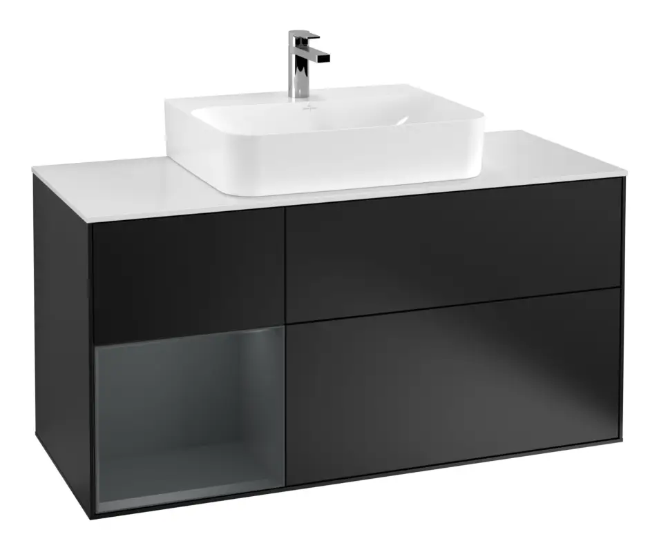 Expressversand Villeroy & Boch Finion Waschbeckenunterschrank für Becken mittig Regal links für Finion / Memento 2.0 3 Auszüge mit Beleuchtung (1x LED) 1200 x 603 x 501 mm - Black Matt Lacquer / Midnight Blue Matt Lacquer / Glass White Matt