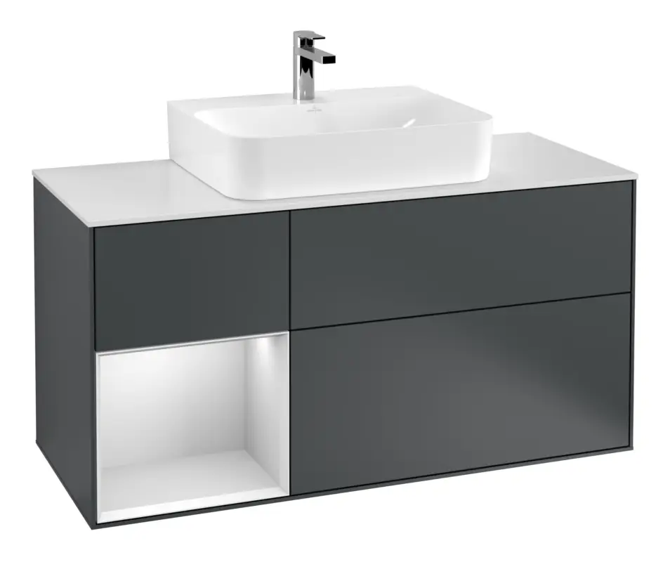 Super-Preis Villeroy & Boch Finion Waschbeckenunterschrank für Becken mittig Regal links für Finion / Memento 2.0 3 Auszüge mit Beleuchtung (1x LED) 1200 x 603 x 501 mm - Midnight Blue Matt Lacquer / White Matt Lacquer / Glass White Matt