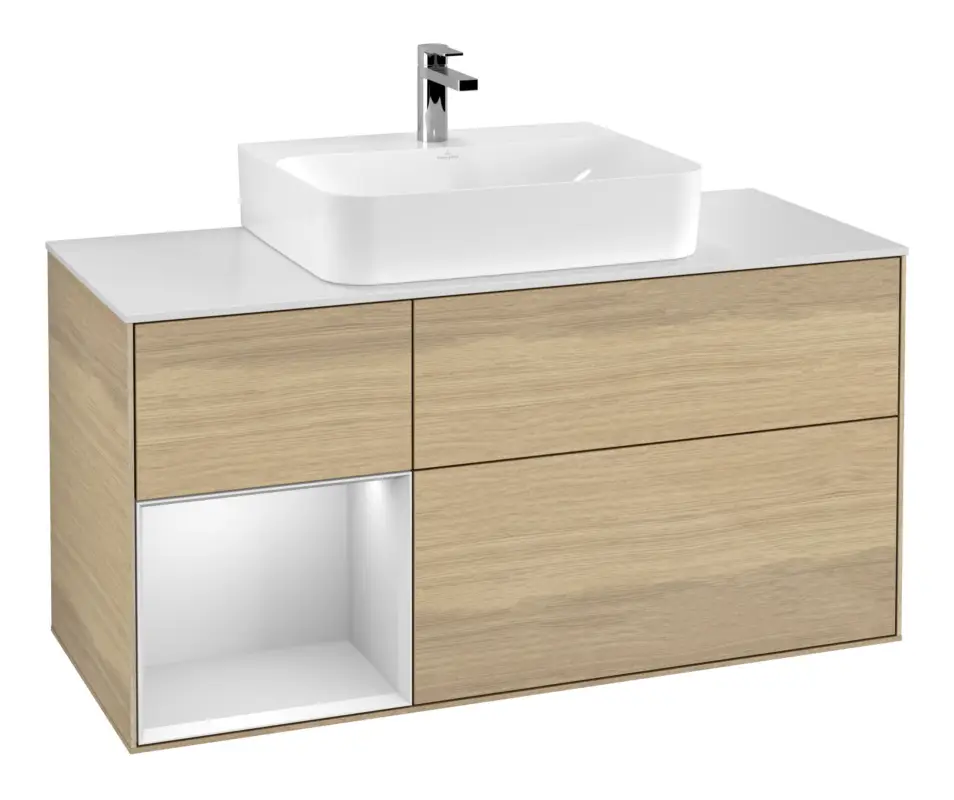 Preis Gesenkt Villeroy & Boch Finion Waschbeckenunterschrank für Becken mittig Regal links für Finion / Memento 2.0 3 Auszüge mit Beleuchtung (1x LED) 1200 x 603 x 501 mm - Oak Veneer / White Matt Lacquer / Glass White Matt