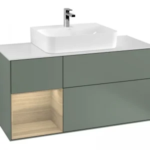 Aktuell Villeroy & Boch Finion Waschbeckenunterschrank für Becken mittig Regal links für Finion / Memento 2.0 3 Auszüge mit Beleuchtung (1x LED) 1200 x 603 x 501 mm - Olive Matt Lacquer / Oak Veneer / Glass White Matt