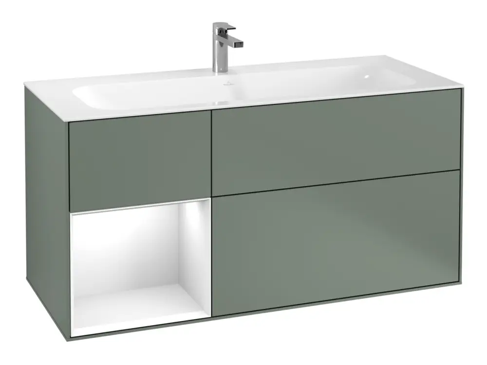 Begrenztes Angebot Villeroy & Boch Finion Waschbeckenunterschrank für Becken mittig Regal links für Finion 3 Auszüge mit Beleuchtung (1x LED) 1196 x 591 x 498 mm - Olive Matt Lacquer / Glossy White Lacquer