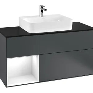 Zertifiziert Villeroy & Boch Finion Waschbeckenunterschrank für Becken mittig Regal links für Finion / Memento 2.0 3 Auszüge mit Beleuchtung (1x LED) 1200 x 603 x 501 mm - Midnight Blue Matt Lacquer / Glossy White Lacquer / Glass Black Matt