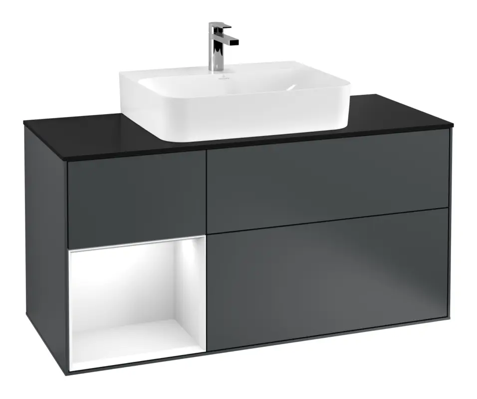 Zertifiziert Villeroy & Boch Finion Waschbeckenunterschrank für Becken mittig Regal links für Finion / Memento 2.0 3 Auszüge mit Beleuchtung (1x LED) 1200 x 603 x 501 mm - Midnight Blue Matt Lacquer / Glossy White Lacquer / Glass Black Matt