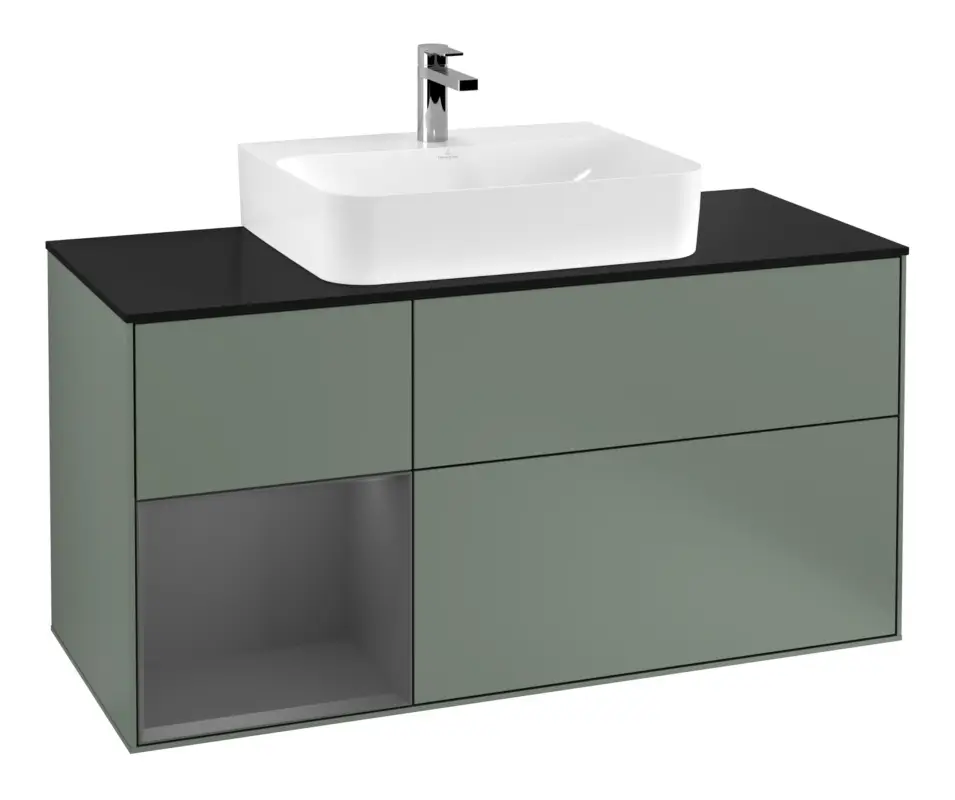Villeroy & Boch Finion Waschbeckenunterschrank für Becken mittig Regal links für Finion / Memento 2.0 3 Auszüge mit Beleuchtung (1x LED) 1200 x 603 x 501 mm - Olive Matt Lacquer / Anthracite Matt Lacquer / Glass Black Matt Rabatt