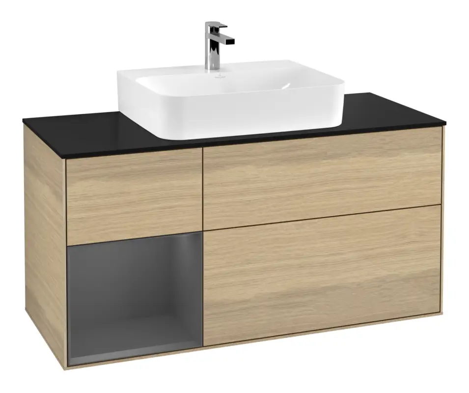 Villeroy & Boch Finion Waschbeckenunterschrank für Becken mittig Regal links für Finion / Memento 2.0 3 Auszüge mit Beleuchtung (1x LED) 1200 x 603 x 501 mm - Oak Veneer / Anthracite Matt Lacquer / Glass Black Matt Preiswert