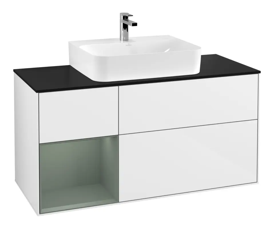 Letzte Chance Villeroy & Boch Finion Waschbeckenunterschrank für Becken mittig Regal links für Finion / Memento 2.0 3 Auszüge mit Beleuchtung (1x LED) 1200 x 603 x 501 mm - Glossy White Lacquer / Olive Matt Lacquer / Glass Black Matt