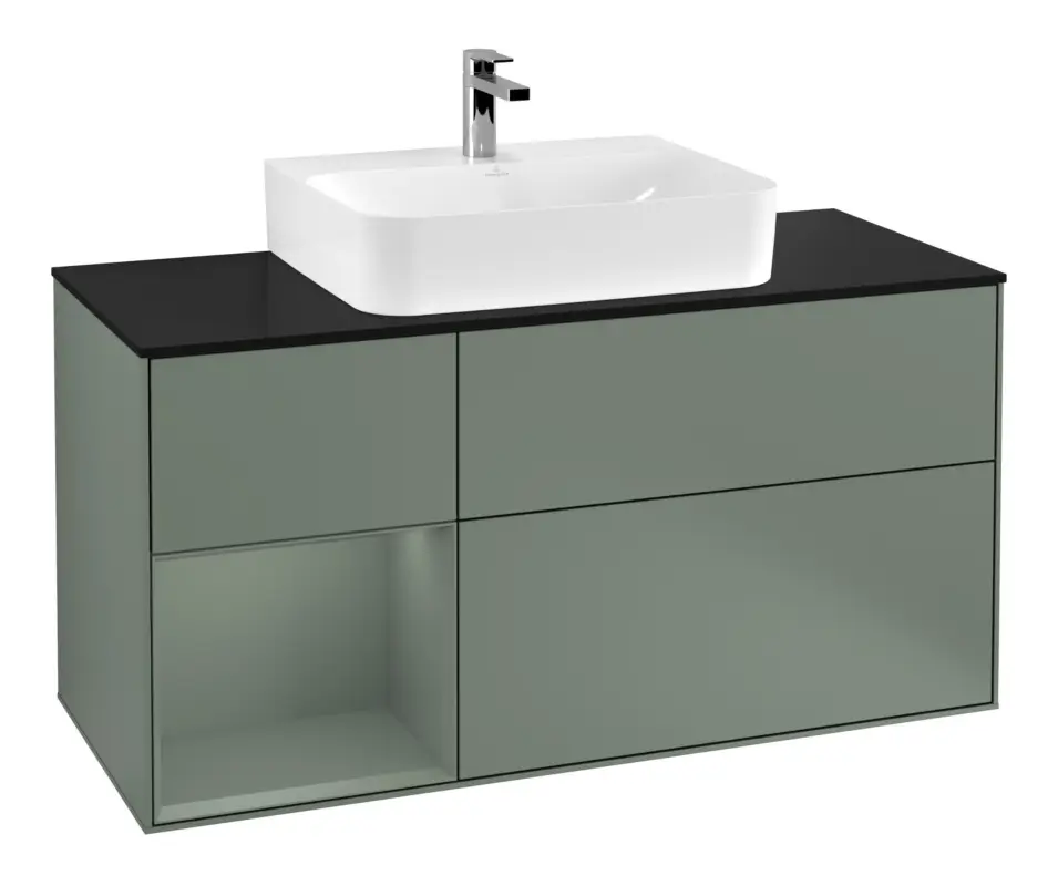 Ausverkauf Villeroy & Boch Finion Waschbeckenunterschrank für Becken mittig Regal links für Finion / Memento 2.0 3 Auszüge mit Beleuchtung (1x LED) 1200 x 603 x 501 mm - Olive Matt Lacquer / Glass Black Matt