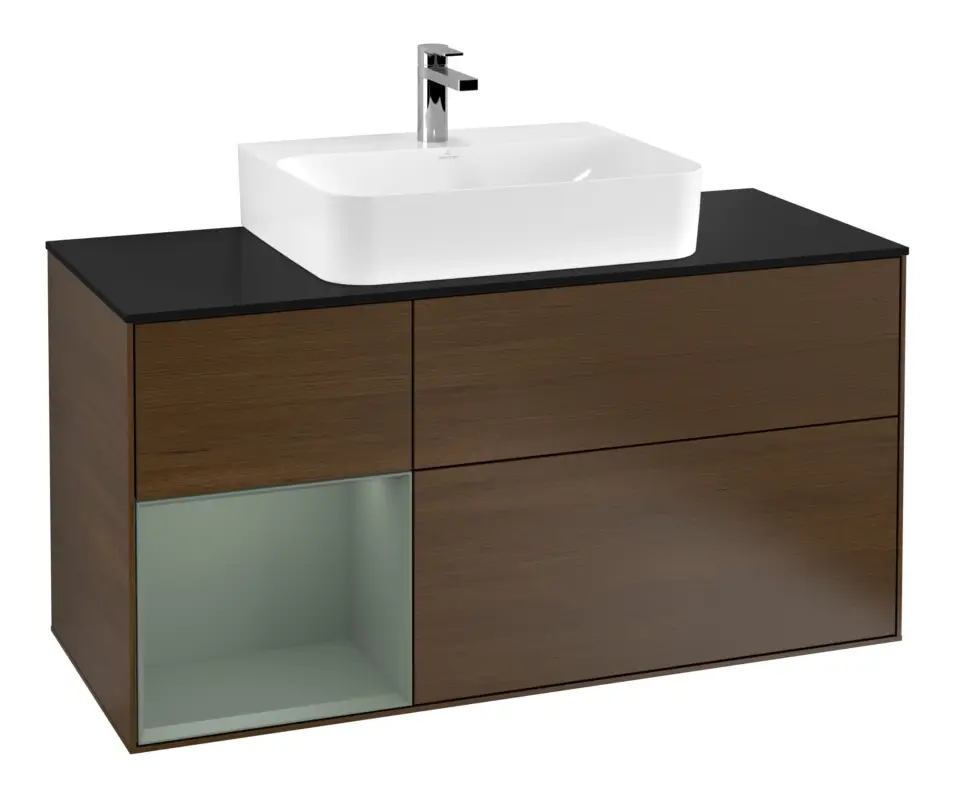 Super-Preis Villeroy & Boch Finion Waschbeckenunterschrank für Becken mittig Regal links für Finion / Memento 2.0 3 Auszüge mit Beleuchtung (1x LED) 1200 x 603 x 501 mm - Walnut Veneer / Olive Matt Lacquer / Glass Black Matt