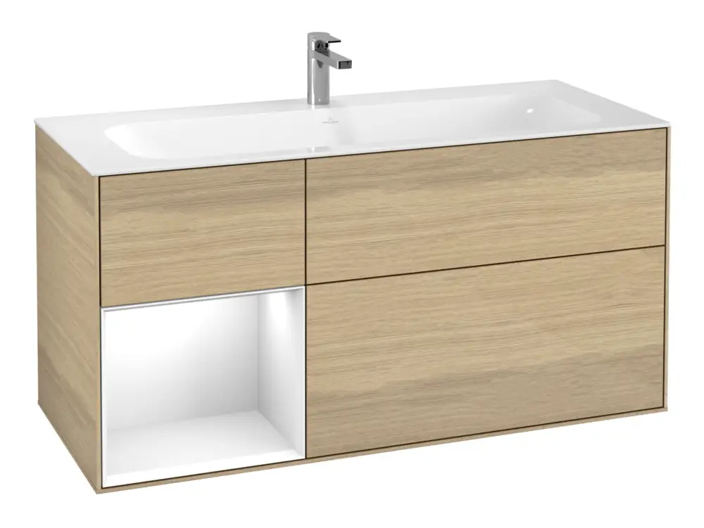 Villeroy & Boch Finion Waschbeckenunterschrank für Becken mittig Regal links für Finion 3 Auszüge mit Beleuchtung (1x LED) 1196 x 591 x 498 mm - Oak Veneer / Glossy White Lacquer Garantierte Lieferung