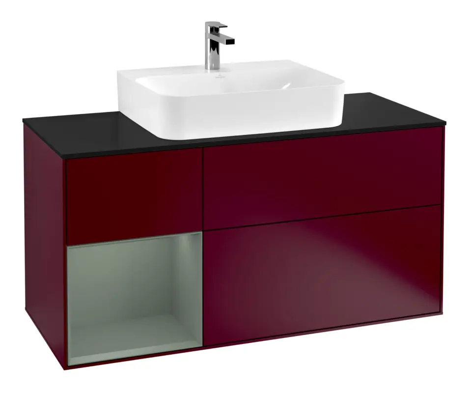 Ausverkauf Villeroy & Boch Finion Waschbeckenunterschrank für Becken mittig Regal links für Finion / Memento 2.0 3 Auszüge mit Beleuchtung (1x LED) 1200 x 603 x 501 mm - Peony Matt Lacquer / Olive Matt Lacquer / Glass Black Matt