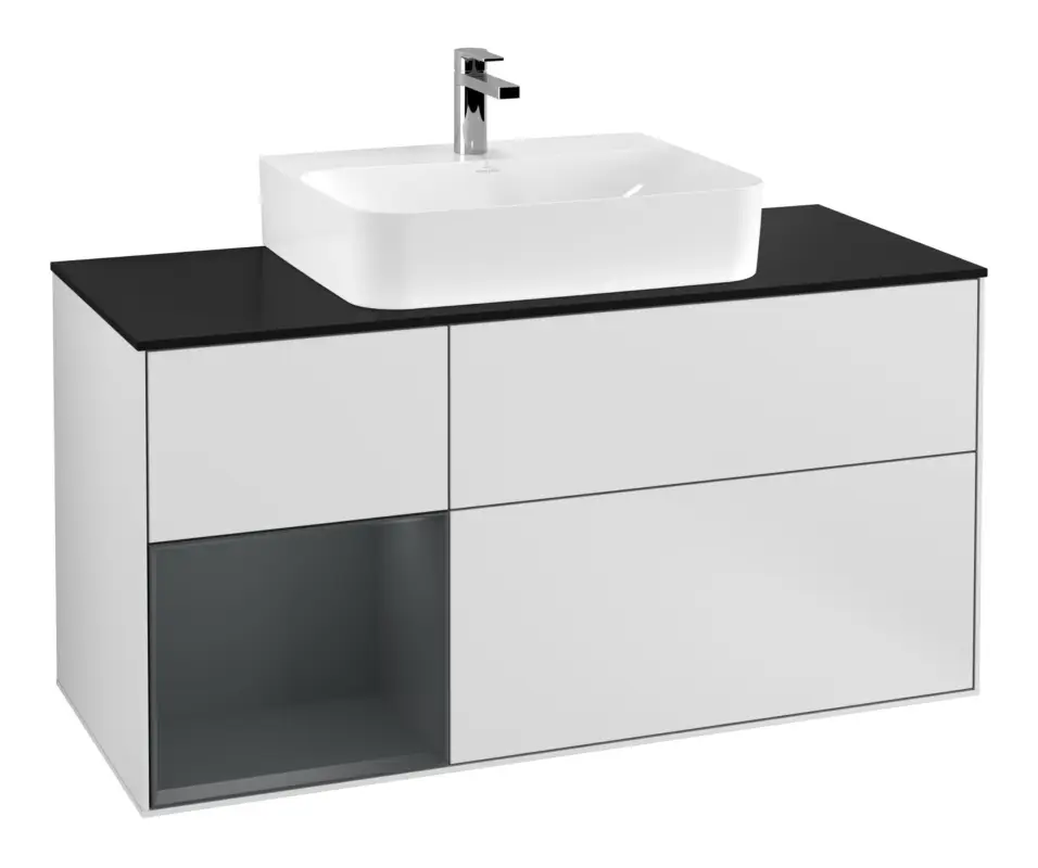Villeroy & Boch Finion Waschbeckenunterschrank für Becken mittig Regal links für Finion / Memento 2.0 3 Auszüge mit Beleuchtung (1x LED) 1200 x 603 x 501 mm - White Matt Lacquer / Midnight Blue Matt Lacquer / Glass Black Matt Solange Der Vorrat Reicht