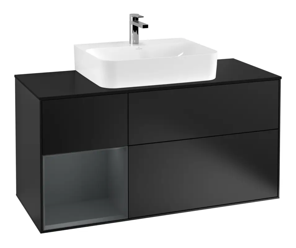 Kracherpreis Villeroy & Boch Finion Waschbeckenunterschrank für Becken mittig Regal links für Finion / Memento 2.0 3 Auszüge mit Beleuchtung (1x LED) 1200 x 603 x 501 mm - Black Matt Lacquer / Midnight Blue Matt Lacquer / Glass Black Matt