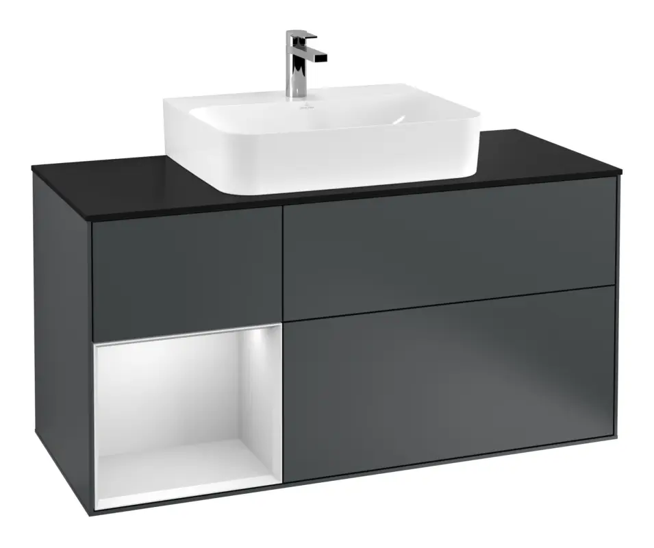 Villeroy & Boch Finion Waschbeckenunterschrank für Becken mittig Regal links für Finion / Memento 2.0 3 Auszüge mit Beleuchtung (1x LED) 1200 x 603 x 501 mm - Midnight Blue Matt Lacquer / White Matt Lacquer / Glass Black Matt Top-Angebot