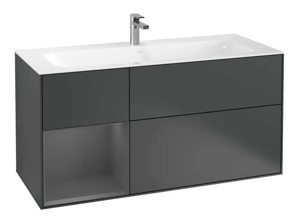 Preiswert Villeroy & Boch Finion Waschbeckenunterschrank für Becken mittig Regal links für Finion 3 Auszüge mit Beleuchtung (1x LED) 1196 x 591 x 498 mm - Midnight Blue Matt Lacquer / Anthracite Matt Lacquer