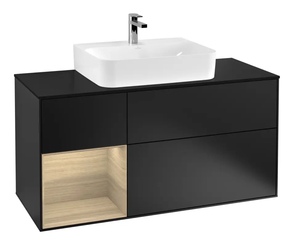Heißes Angebot Villeroy & Boch Finion Waschbeckenunterschrank für Becken mittig Regal links für Finion / Memento 2.0 3 Auszüge mit Beleuchtung (1x LED) 1200 x 603 x 501 mm - Black Matt Lacquer / Oak Veneer / Glass Black Matt