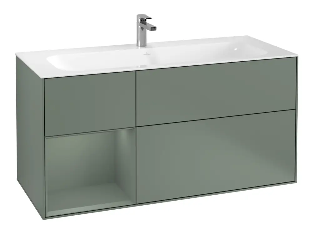 Villeroy & Boch Finion Waschbeckenunterschrank für Becken mittig Regal links für Finion 3 Auszüge mit Beleuchtung (1x LED) 1196 x 591 x 498 mm - Olive Matt Lacquer Online Kaufen