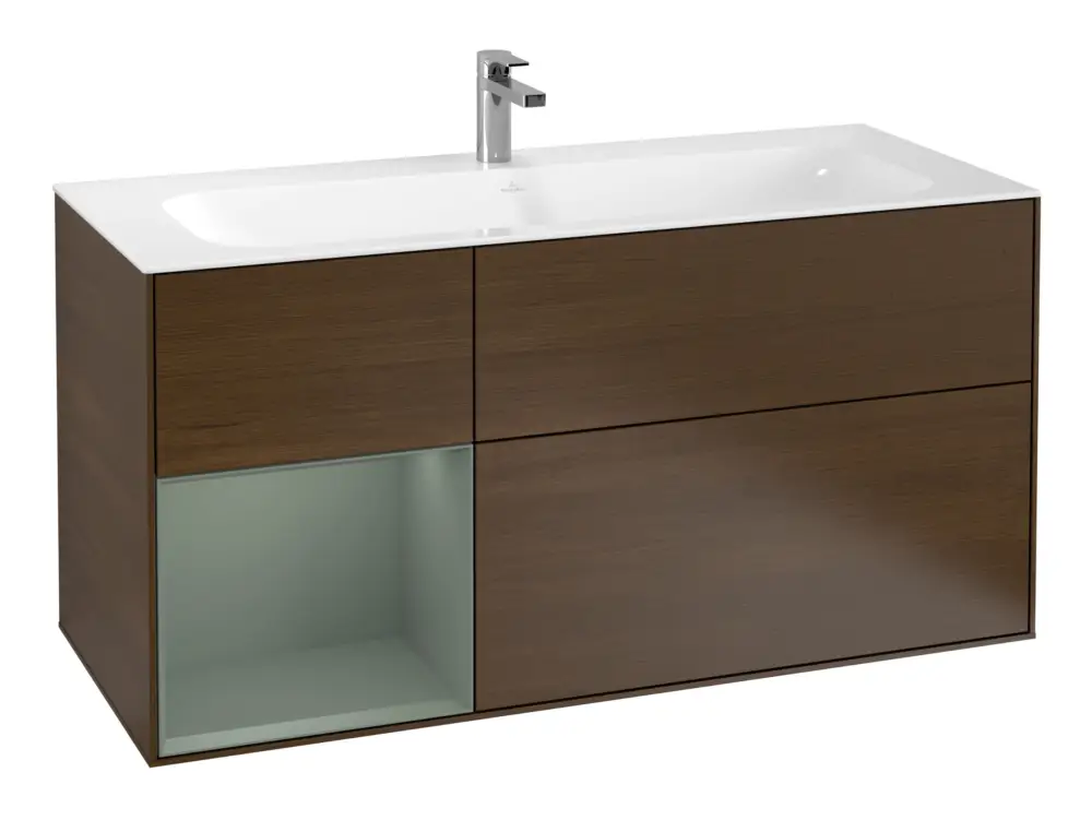 Aktuell Villeroy & Boch Finion Waschbeckenunterschrank für Becken mittig Regal links für Finion 3 Auszüge mit Beleuchtung (1x LED) 1196 x 591 x 498 mm - Walnut Veneer / Olive Matt Lacquer