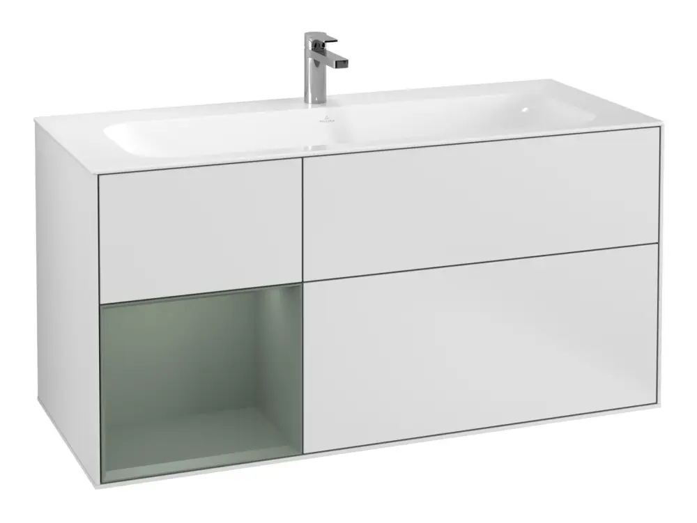 Villeroy & Boch Finion Waschbeckenunterschrank für Becken mittig Regal links für Finion 3 Auszüge mit Beleuchtung (1x LED) 1196 x 591 x 498 mm - White Matt Lacquer / Olive Matt Lacquer Sofort Bestellen