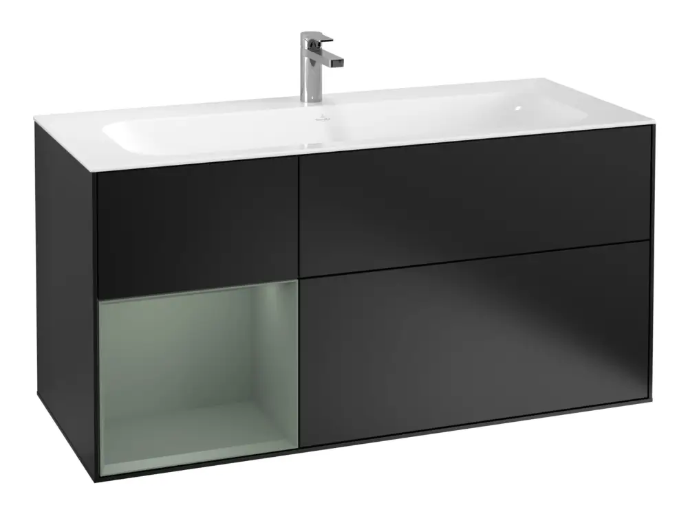 Villeroy & Boch Finion Waschbeckenunterschrank für Becken mittig Regal links für Finion 3 Auszüge mit Beleuchtung (1x LED) 1196 x 591 x 498 mm - Black Matt Lacquer / Olive Matt Lacquer Sofort Bestellen