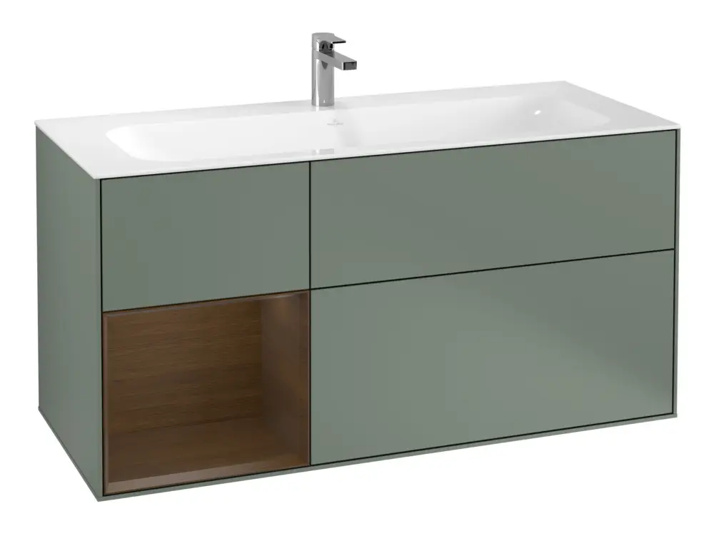 Villeroy & Boch Finion Waschbeckenunterschrank für Becken mittig Regal links für Finion 3 Auszüge mit Beleuchtung (1x LED) 1196 x 591 x 498 mm - Olive Matt Lacquer / Walnut Veneer Aktuell