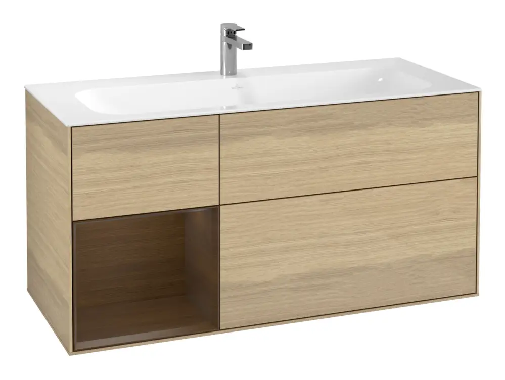 Kracherpreis Villeroy & Boch Finion Waschbeckenunterschrank für Becken mittig Regal links für Finion 3 Auszüge mit Beleuchtung (1x LED) 1196 x 591 x 498 mm - Oak Veneer / Walnut Veneer