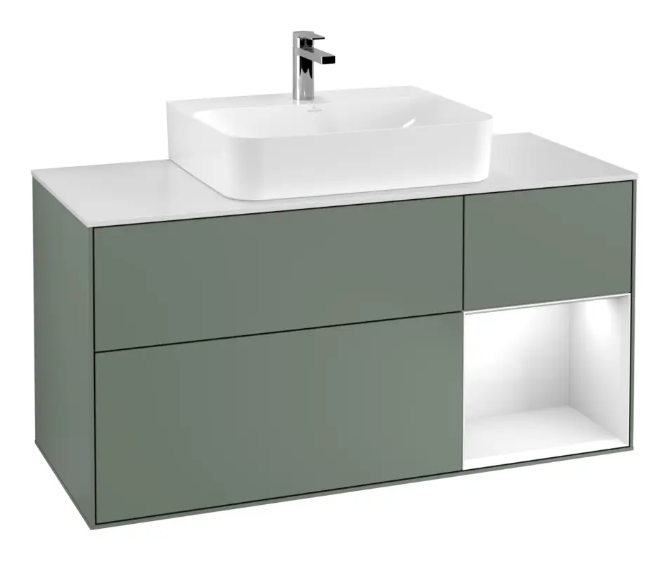 Neuheit Villeroy & Boch Finion Waschbeckenunterschrank für Becken mittig Regal rechts für Finion / Memento 2.0 3 Auszüge mit Beleuchtung (1x LED) 1200 x 603 x 501 mm - Olive Matt Lacquer / Glossy White Lacquer / Glass White Matt