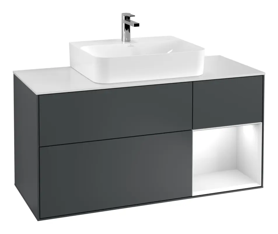 Neue Kollektion Villeroy & Boch Finion Waschbeckenunterschrank für Becken mittig Regal rechts für Finion / Memento 2.0 3 Auszüge mit Beleuchtung (1x LED) 1200 x 603 x 501 mm - Midnight Blue Matt Lacquer / Glossy White Lacquer / Glass White Matt