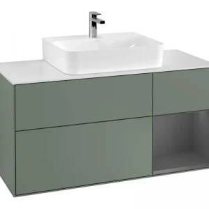 Abverkauf Villeroy & Boch Finion Waschbeckenunterschrank für Becken mittig Regal rechts für Finion / Memento 2.0 3 Auszüge mit Beleuchtung (1x LED) 1200 x 603 x 501 mm - Olive Matt Lacquer / Anthracite Matt Lacquer / Glass White Matt