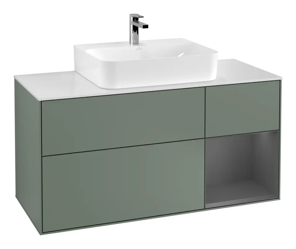 Abverkauf Villeroy & Boch Finion Waschbeckenunterschrank für Becken mittig Regal rechts für Finion / Memento 2.0 3 Auszüge mit Beleuchtung (1x LED) 1200 x 603 x 501 mm - Olive Matt Lacquer / Anthracite Matt Lacquer / Glass White Matt