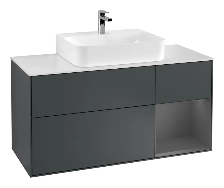 Nur Heute Villeroy & Boch Finion Waschbeckenunterschrank für Becken mittig Regal rechts für Finion / Memento 2.0 3 Auszüge mit Beleuchtung (1x LED) 1200 x 603 x 501 mm - Midnight Blue Matt Lacquer / Anthracite Matt Lacquer / Glass White Matt