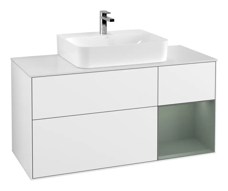 Sichere Zahlung Villeroy & Boch Finion Waschbeckenunterschrank für Becken mittig Regal rechts für Finion / Memento 2.0 3 Auszüge mit Beleuchtung (1x LED) 1200 x 603 x 501 mm - Glossy White Lacquer / Olive Matt Lacquer / Glass White Matt