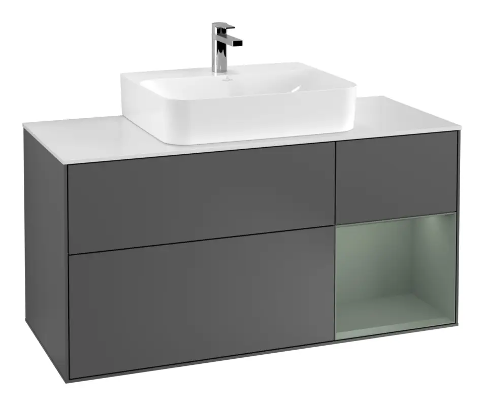 Villeroy & Boch Finion Waschbeckenunterschrank für Becken mittig Regal rechts für Finion / Memento 2.0 3 Auszüge mit Beleuchtung (1x LED) 1200 x 603 x 501 mm - Anthracite Matt Lacquer / Olive Matt Lacquer / Glass White Matt Nur Heute