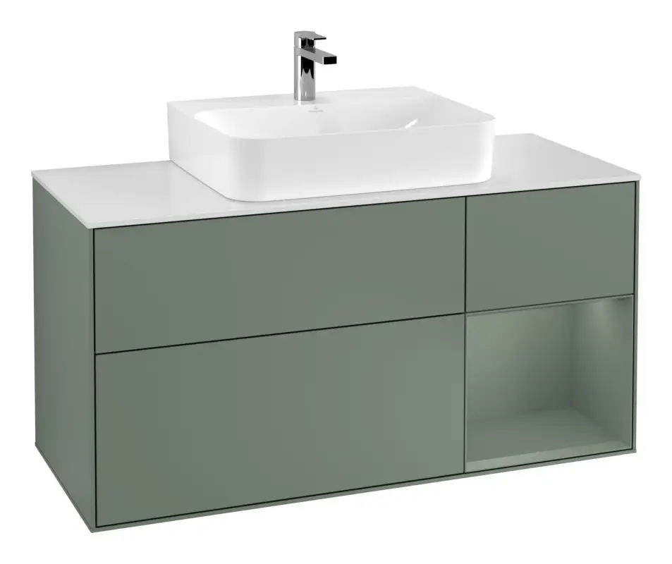 Villeroy & Boch Finion Waschbeckenunterschrank für Becken mittig Regal rechts für Finion / Memento 2.0 3 Auszüge mit Beleuchtung (1x LED) 1200 x 603 x 501 mm - Olive Matt Lacquer / Glass White Matt Ausverkauf