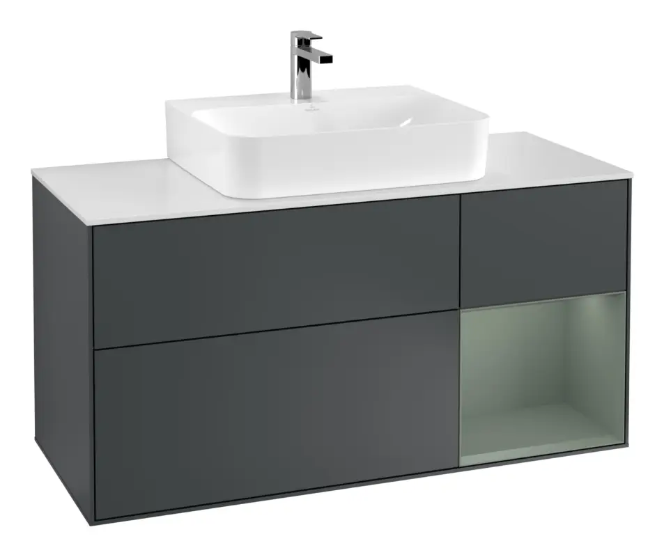 Villeroy & Boch Finion Waschbeckenunterschrank für Becken mittig Regal rechts für Finion / Memento 2.0 3 Auszüge mit Beleuchtung (1x LED) 1200 x 603 x 501 mm - Midnight Blue Matt Lacquer / Olive Matt Lacquer / Glass White Matt Wochenendangebot