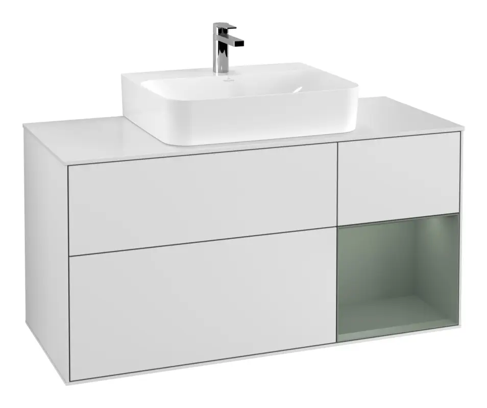 Villeroy & Boch Finion Waschbeckenunterschrank für Becken mittig Regal rechts für Finion / Memento 2.0 3 Auszüge mit Beleuchtung (1x LED) 1200 x 603 x 501 mm - White Matt Lacquer / Olive Matt Lacquer / Glass White Matt Versand Am Gleichen Tag