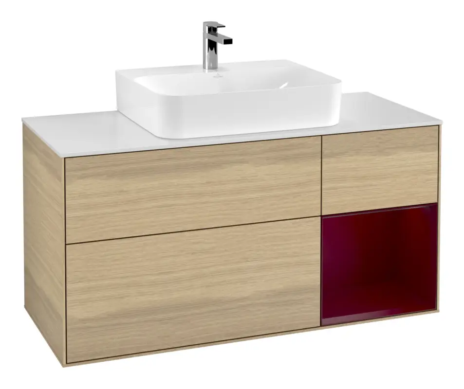 Aktuell Villeroy & Boch Finion Waschbeckenunterschrank für Becken mittig Regal rechts für Finion / Memento 2.0 3 Auszüge mit Beleuchtung (1x LED) 1200 x 603 x 501 mm - Oak Veneer / Peony Matt Lacquer / Glass White Matt