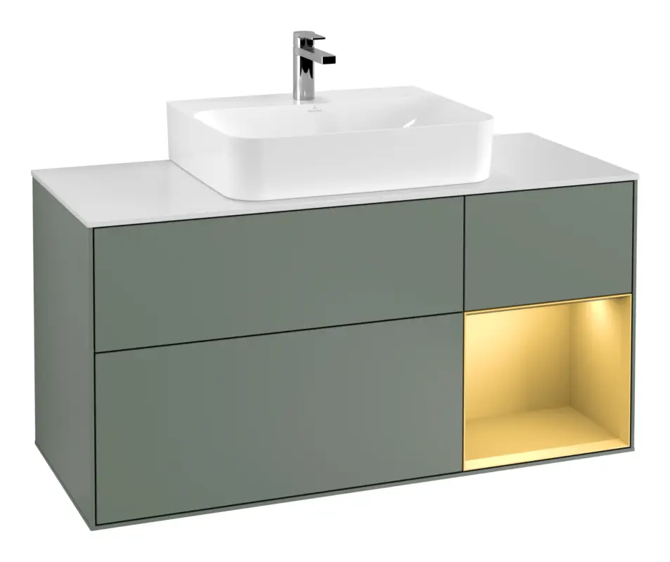 Villeroy & Boch Finion Waschbeckenunterschrank für Becken mittig Regal rechts für Finion / Memento 2.0 3 Auszüge mit Beleuchtung (1x LED) 1200 x 603 x 501 mm - Olive Matt Lacquer / Gold Matt Lacquer / Glass White Matt Sofort Bestellen