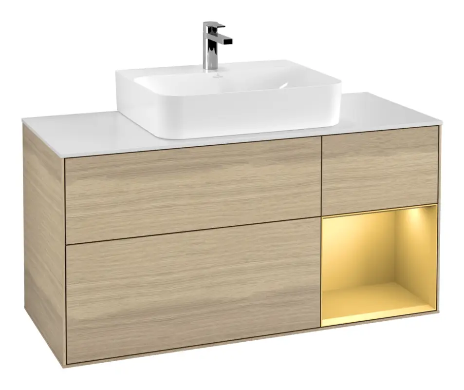 Direktkauf Villeroy & Boch Finion Waschbeckenunterschrank für Becken mittig Regal rechts für Finion / Memento 2.0 3 Auszüge mit Beleuchtung (1x LED) 1200 x 603 x 501 mm - Oak Veneer / Gold Matt Lacquer / Glass White Matt