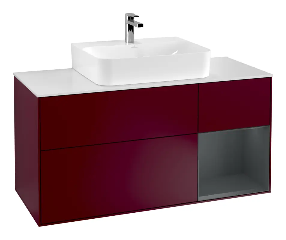 Neue Kollektion Villeroy & Boch Finion Waschbeckenunterschrank für Becken mittig Regal rechts für Finion / Memento 2.0 3 Auszüge mit Beleuchtung (1x LED) 1200 x 603 x 501 mm - Peony Matt Lacquer / Midnight Blue Matt Lacquer / Glass White Matt