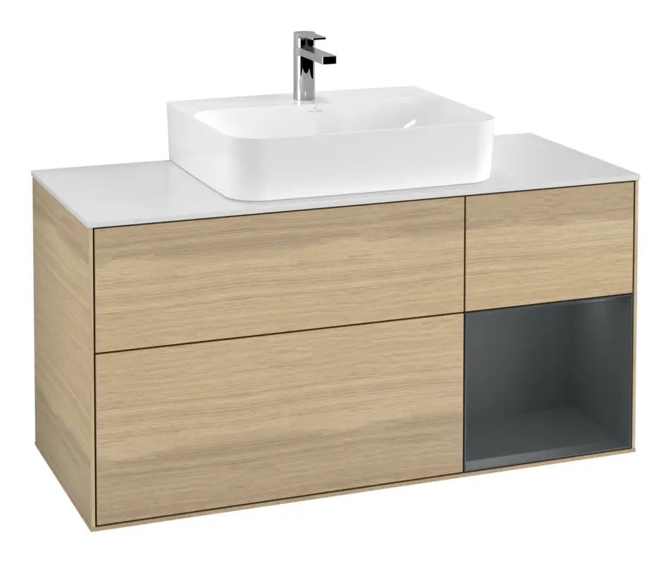 Direktkauf Villeroy & Boch Finion Waschbeckenunterschrank für Becken mittig Regal rechts für Finion / Memento 2.0 3 Auszüge mit Beleuchtung (1x LED) 1200 x 603 x 501 mm - Oak Veneer / Midnight Blue Matt Lacquer / Glass White Matt