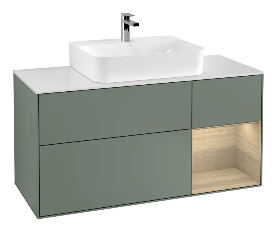 Bestseller Villeroy & Boch Finion Waschbeckenunterschrank für Becken mittig Regal rechts für Finion / Memento 2.0 3 Auszüge mit Beleuchtung (1x LED) 1200 x 603 x 501 mm - Olive Matt Lacquer / Oak Veneer / Glass White Matt