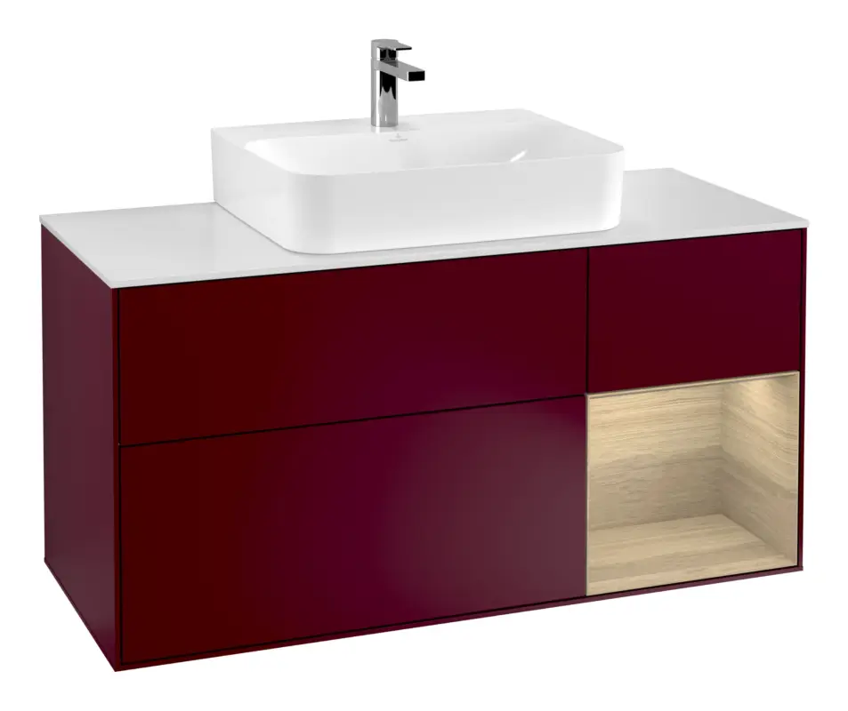 Villeroy & Boch Finion Waschbeckenunterschrank für Becken mittig Regal rechts für Finion / Memento 2.0 3 Auszüge mit Beleuchtung (1x LED) 1200 x 603 x 501 mm - Peony Matt Lacquer / Oak Veneer / Glass White Matt Preisreduziert