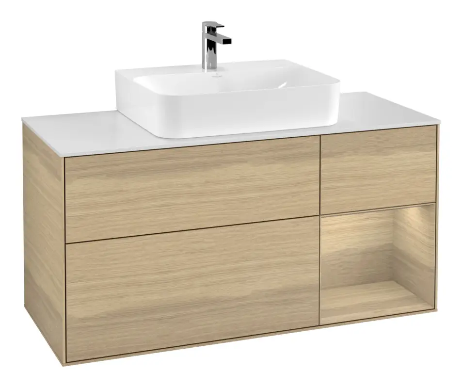 Meistverkauft Villeroy & Boch Finion Waschbeckenunterschrank für Becken mittig Regal rechts für Finion / Memento 2.0 3 Auszüge mit Beleuchtung (1x LED) 1200 x 603 x 501 mm - Oak Veneer / Oak Veneer / Glass White Matt