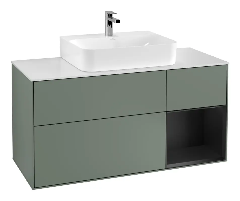 Villeroy & Boch Finion Waschbeckenunterschrank für Becken mittig Regal rechts für Finion / Memento 2.0 3 Auszüge mit Beleuchtung (1x LED) 1200 x 603 x 501 mm - Olive Matt Lacquer / Black Matt Lacquer / Glass White Matt Billig
