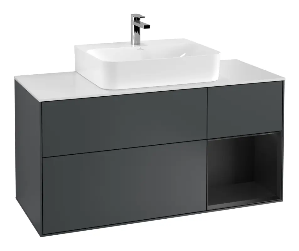 Villeroy & Boch Finion Waschbeckenunterschrank für Becken mittig Regal rechts für Finion / Memento 2.0 3 Auszüge mit Beleuchtung (1x LED) 1200 x 603 x 501 mm - Midnight Blue Matt Lacquer / Black Matt Lacquer / Glass White Matt Echt