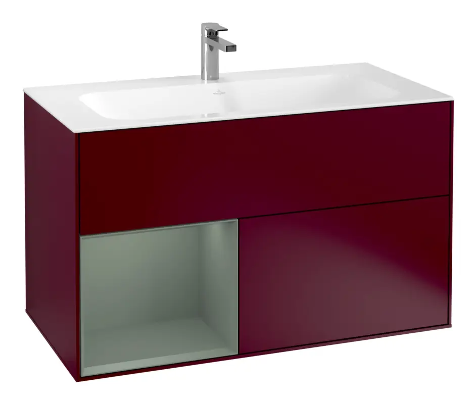 Kracherpreis Villeroy & Boch Finion Waschbeckenunterschrank für Becken mittig Regal links für Finion 2 Auszüge mit Beleuchtung (1x LED) 996 x 591 x 498 mm - Peony Matt Lacquer / Olive Matt Lacquer