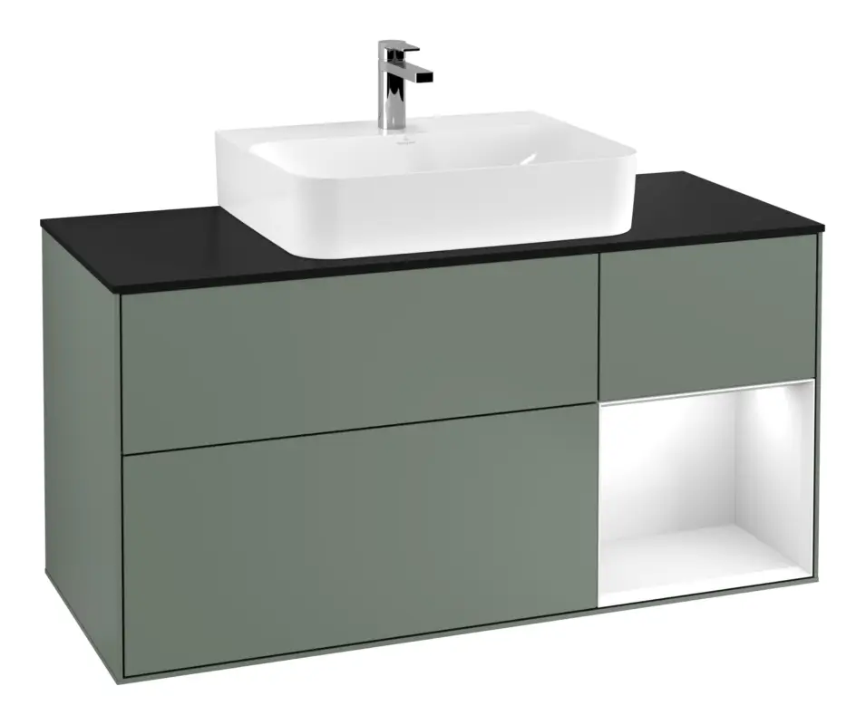 Villeroy & Boch Finion Waschbeckenunterschrank für Becken mittig Regal rechts für Finion / Memento 2.0 3 Auszüge mit Beleuchtung (1x LED) 1200 x 603 x 501 mm - Olive Matt Lacquer / Glossy White Lacquer / Glass Black Matt Versand Am Gleichen Tag