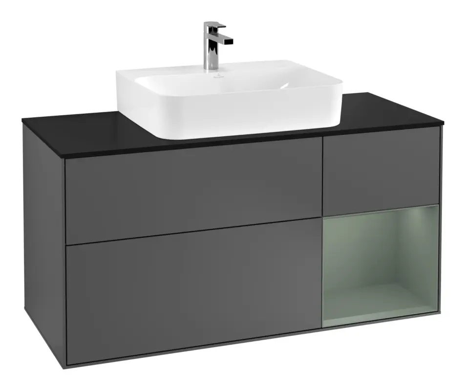 Villeroy & Boch Finion Waschbeckenunterschrank für Becken mittig Regal rechts für Finion / Memento 2.0 3 Auszüge mit Beleuchtung (1x LED) 1200 x 603 x 501 mm - Anthracite Matt Lacquer / Olive Matt Lacquer / Glass Black Matt Geprüft